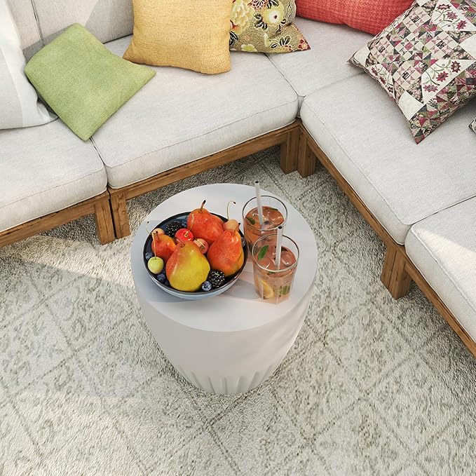 Outdoor Side Table for Patio- 16.5” Round MgO Stone Concrete Side Table, Modern Accent Table with Hemp Rope, Lightweight Weatherproof End Table for Patio, Garden, or Indoor Use, Gray