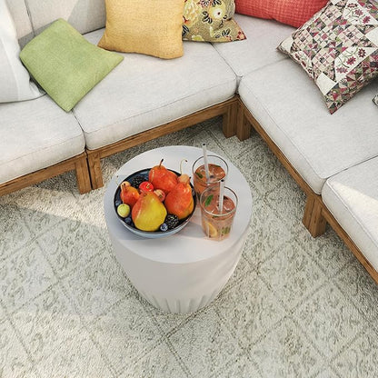 Outdoor Side Table for Patio- 16.5” Round MgO Stone Concrete Side Table, Modern Accent Table with Hemp Rope, Lightweight Weatherproof End Table for Patio, Garden, or Indoor Use, Gray