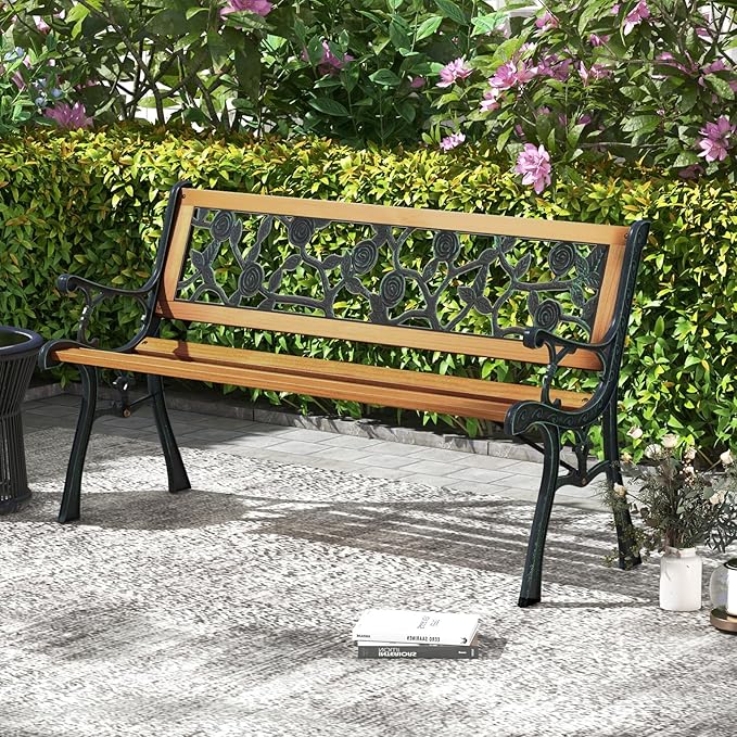 Tangkula Outdoor Garden Bench Park Bench, Patio Iron Bench Chair with Cast Iron & Hardwood Structure - Photo 2
