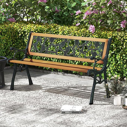 Tangkula Outdoor Garden Bench Park Bench, Patio Iron Bench Chair with Cast Iron & Hardwood Structure, Weather Proof Porch Loveseat, Perfect for Backyard, Deck, Lawn, Poolside