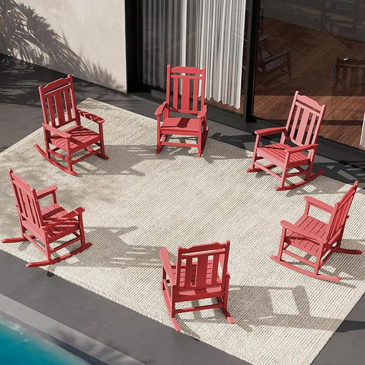 SERWALL HDPE Outdoor Rocking Chair for Adults, Outdoor Rocking Chairs Set of 6, Patio Rocking Chair Sets, Red