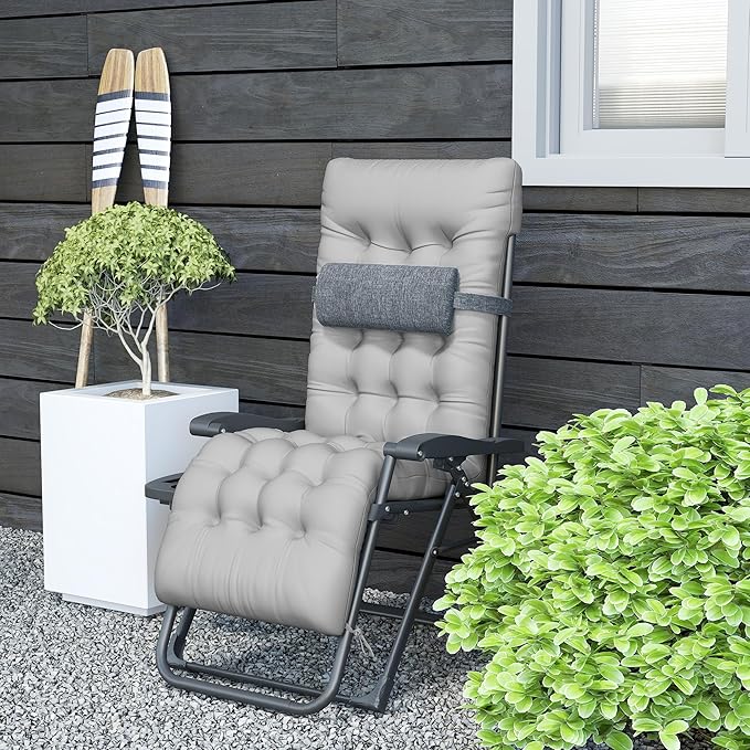 Outsunny Zero Gravity Chair, Folding Reclining Lounge Chair with Padded Cushion, Side Tray for Indoor and Outdoor, Supports up to 264 lbs, Gray