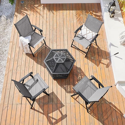 Yaheetech Patio Dining Chairs Set of 4 with Armrests, Outdoor Folding Chairs with Metal Frame and Backrest for Lawn, Garden, Yard and Poolside, Gray