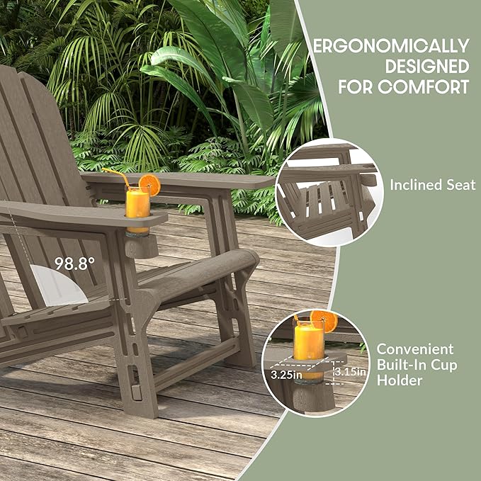 WestinTrends Tool-Free Assembly Outdoor Patio HDPE Plastic Adirondack Chair with Cup Holder, Weathered Wood