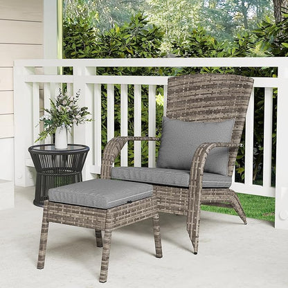 Outsunny Patio Wicker Adirondack Chair with Ottoman, Outdoor Fire Pit Chair with Cushions, High-Back, Large Seat & Armrests for Deck, Garden & Backyard, Gray