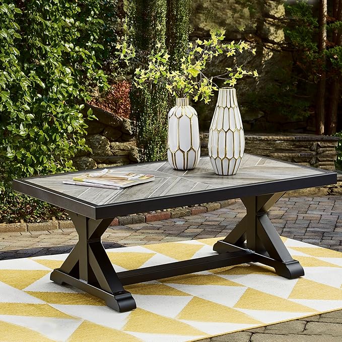 Signature Design by Ashley Beachcroft Farmhouse Weather and Rust Resistant Outdoor Coffee Table with Porcelain Tabletop, Black & Light Gray