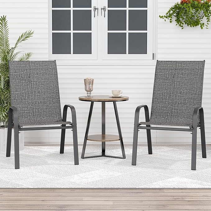 Patio Chairs Set of 2, Outdoor Dining Chairs Stackable for All Weather, Breathable Metal Modern Outside Furniture Chair for Pool Side, Garden, Backyard Deck, Dark Grey