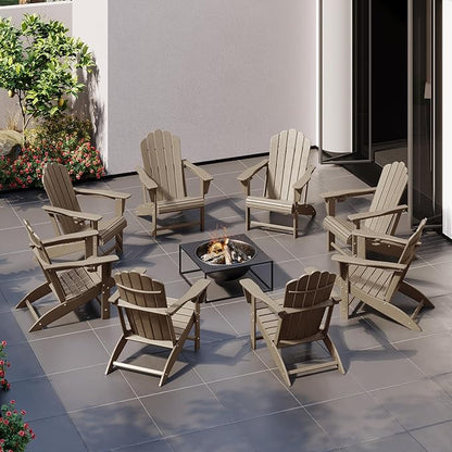 Costaelm Lakeview Outdoor Patio HDPE Adirondack Chairs with Cup Holders (Set of 8), Weathered Wood
