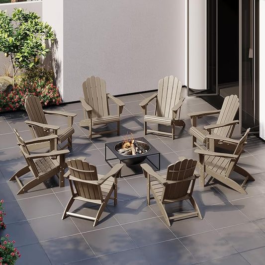 Costaelm Lakeview Outdoor Patio HDPE Adirondack Chairs with Cup Holders (Set of 8), Weathered Wood