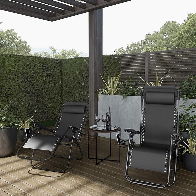 Lavish Home Set of 2 Zero-Gravity Chairs - Folding Patio Furniture - Outdoor Recliners with Side Table, Cup/Phone Holder, and Chair Pillow (Black)