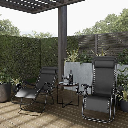 Lavish Home Set of 2 Zero-Gravity Chairs - Folding Patio Furniture - Outdoor Recliners with Side Table, Cup/Phone Holder, and Chair Pillow (Black)