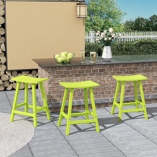 Costaelm All-Weather Bar Stools Set of 3, 24" Height Outdoor Bar Stools, Adirondack Poly Patio Bar Stool for Patio, Deck, Kitchen Counter and Garden, Lime