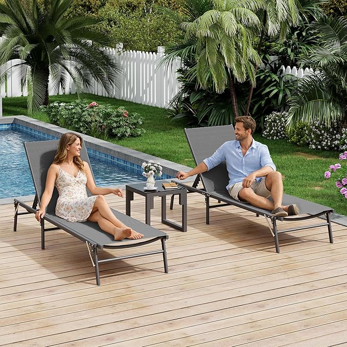 UDPATIO Foldable Patio Lounge Chair Sets with Side Table, No Assembly Outdoor Chaise Lounge with 5-Positions, Poolside Lounge Chairs with Portable Design for Pool, Beach, Deck, Backyard-Gray