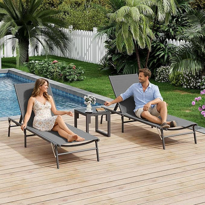 UDPATIO Foldable Patio Lounge Chair Sets with Side Table, No Assembly Outdoor Chaise Lounge with 5-Positions, Poolside Lounge Chairs with Portable Design for Pool, Beach, Deck, Backyard-Gray