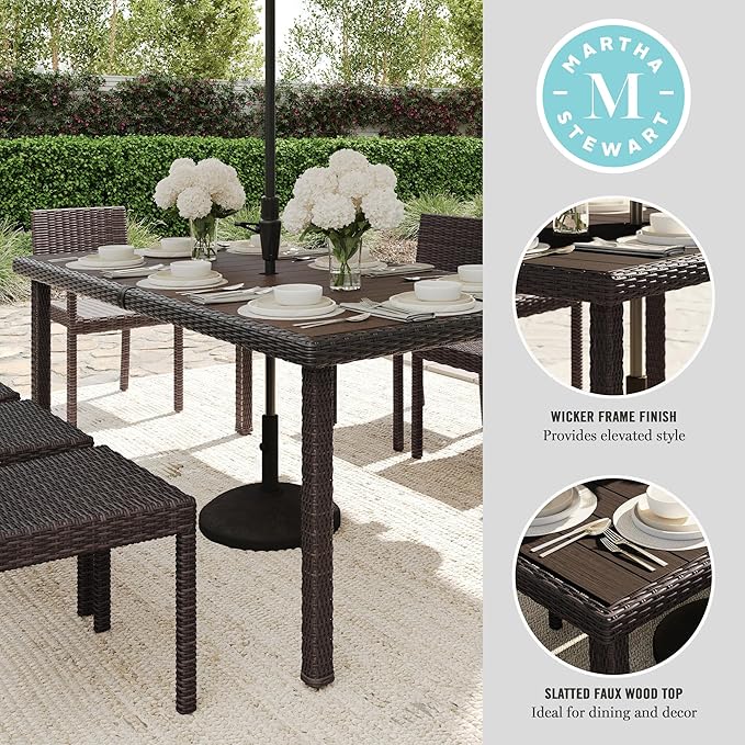 Martha Stewart Bedford 71" Indoor-Outdoor Patio Table with Faux Wood Top and Rattan Wicker Finish in Brown