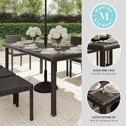 Martha Stewart Bedford 71" Indoor-Outdoor Patio Table with Faux Wood Top and Rattan Wicker Finish in Brown