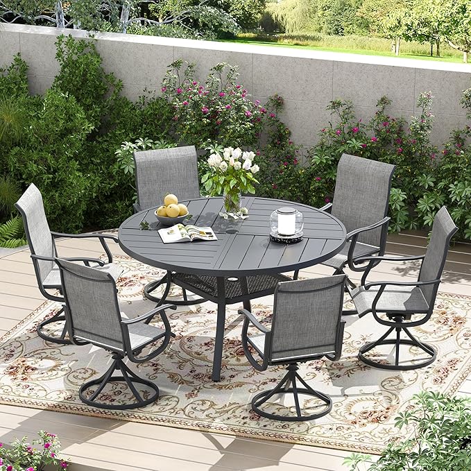 Patio Dining Table for 4-6, Round Metal Outdoor Table with Storage Shelf, 1.57" Umbrella Hole, 47" Outdoor Quartered Tabletop Dining Table for Backyard, Porch, Lawn, Dark Grey