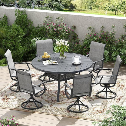 Patio Dining Table for 4-6, Round Metal Outdoor Table with Storage Shelf, 1.57" Umbrella Hole, 47" Outdoor Quartered Tabletop Dining Table for Backyard, Porch, Lawn, Dark Grey