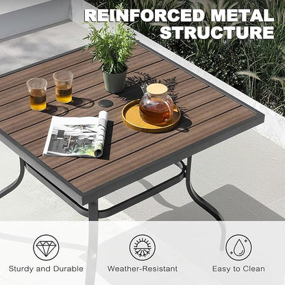 NUU GARDEN Outdoor 37” Square Metal Dining Table, Patio Dining Table with Umbrella Hole, Powder-Coated Metal Table with Faux Wood Tabletop, for Patio, Garden, Backyard and Balcony, Black