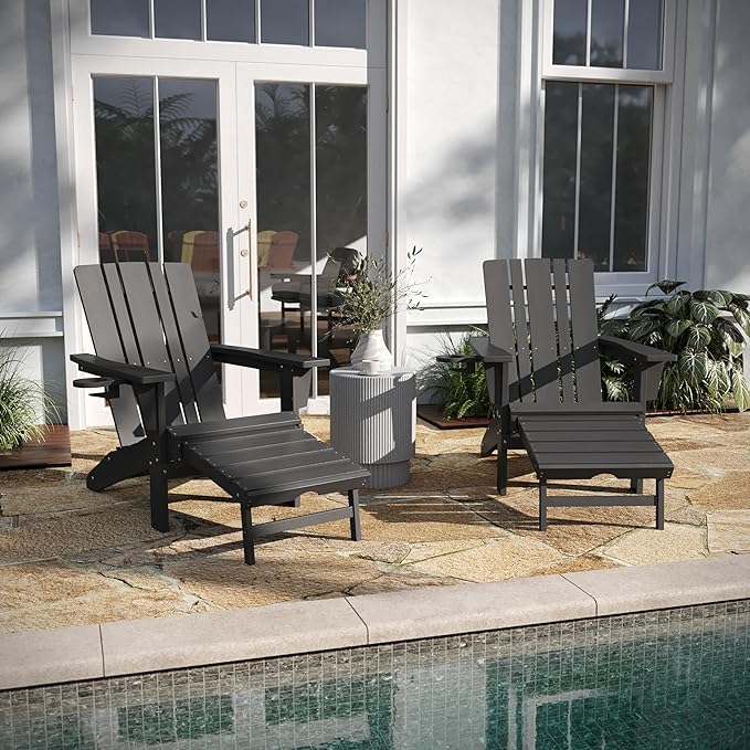 Taylor & Logan Hedley Adirondack Chair with Cup Holder and Pull Out Ottoman, All-Weather HDPE Indoor/Outdoor Lounge Chair in Gray, Set of 2
