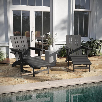 Taylor & Logan Hedley Adirondack Chair with Cup Holder and Pull Out Ottoman, All-Weather HDPE Indoor/Outdoor Lounge Chair in Gray, Set of 2