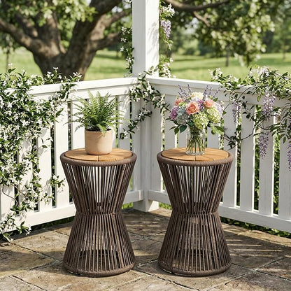 Merax 2 Pieces Round Outdoor Side Table Set, Bohemian Patio Side Tables with Acacia Wood Top and Dark Grey Handwoven Rope Base for Garden, Yard, Elegant Hourglass Design, No Assembly, 25.8" Height