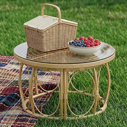 Rattan Glass Coffee Table 27" Round Patio Side Table, 16" Height Wicker Outdoor Coffee Table with Tempered Glass Top, Small Round Table for Balcony, Living Room, or Garden, Natural