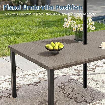 DIFY 63" Rectangle Outdoor Dining Table for 6, Slatted Metal Patio Table with Adjustable Umbrella Hole, All-Weather Patio Dining Table for Garden Backyard Deck, Grey Wood-Like Tabletop