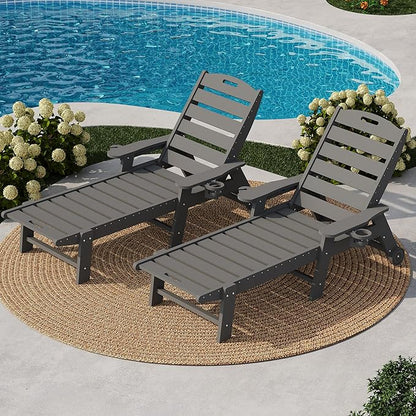 GarveeLife HDPE 5-Position Outdoor Chaise Lounge Chair with Cup Holder and Wheels Set of 2, Resin Pool Lounge Chair for Outside, Adjustable HDPE Patio Loungers for Poolside, Patio, and Garden, Grey