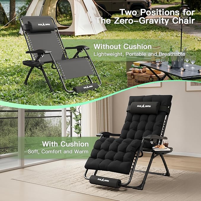Amopatio Oversized Padded Zero Gravity Chair, XL 29In Reclining Camping Lounge Chair w/Removable Cushion&Headrest - Photo 4