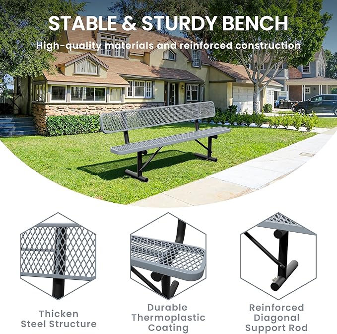 8 Feet Steel Park Bench for Outside, Outdoor Bench with Backrest & Portable Frame, Commercial Benches for Shopping Malls, Stores, Parks, Patios, Decks, Grey