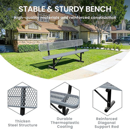 8 Feet Steel Park Bench for Outside, Outdoor Bench with Backrest & Portable Frame, Commercial Benches for Shopping Malls, Stores, Parks, Patios, Decks, Grey