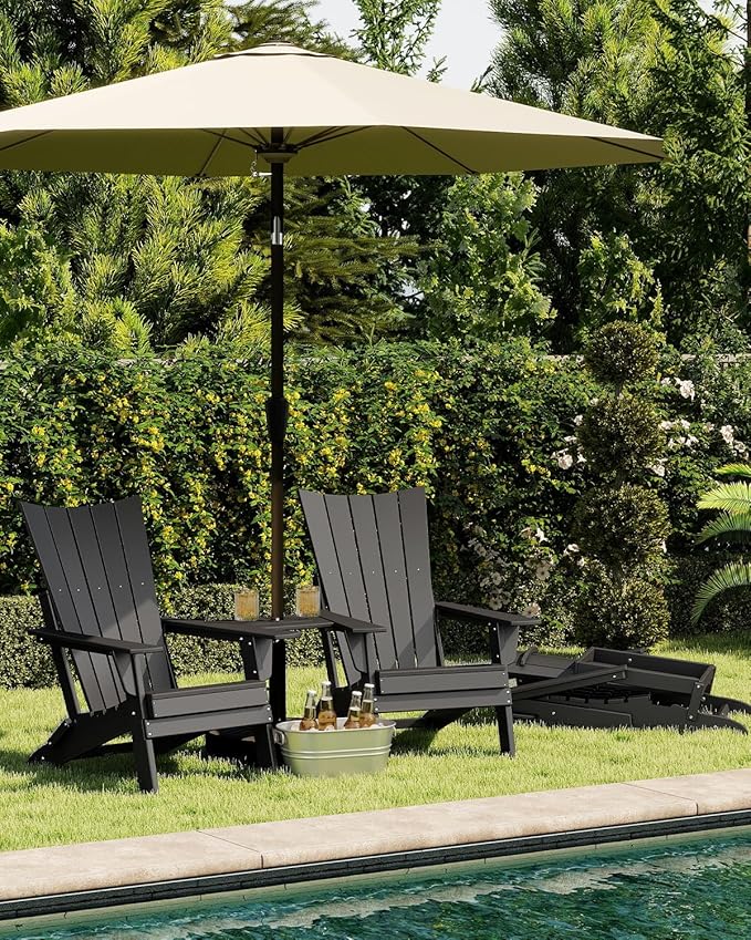 GREENVINES Folding-Adirondack-Chairs-Set-of-2 | HDPE Plastic | Arch Series | Fire Pit Chair | with Connecting Tray | Removable Table | All Weather | for Outdoor Patio Deck Poolside | Black