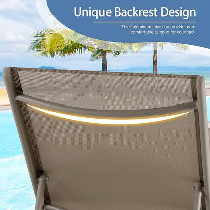 QAQA 4 PCS Outdoor Chaise Lounge with Wheels, Aluminum Patio Lounge Chairs with 5 Adjustable Positions for Poolside, Beach, Yard, Khaki