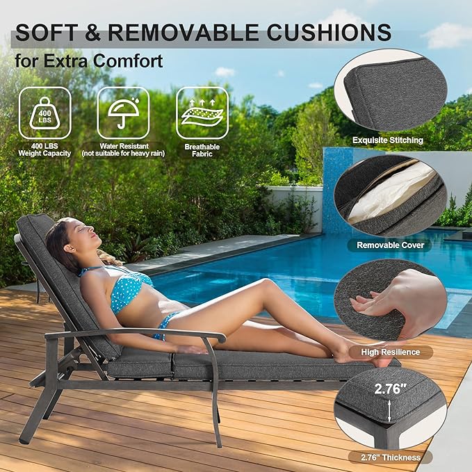 Chaise Lounge Chair Outdoor with Wheels, Cast Aluminum Tanning Chair with Grey Cushion, for Outside Beach Patio Pool Lawn with Adjustable 5 Position Recliner, 1 Pack