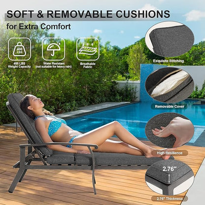 Chaise Lounge Chair Outdoor with Wheels, Cast Aluminum Tanning Chair with Grey Cushion, for Outside Beach Patio Pool Lawn with Adjustable 5 Position Recliner, 1 Pack