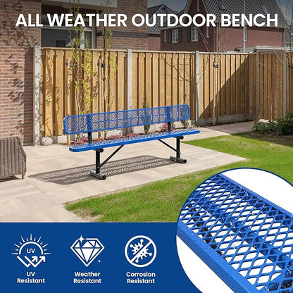 8FT Heavy Duty Park Bench with Back Portable Frame, Outdoor Steel Bench with Backrest, Outdoor Park Bench Expanded Metal Mesh Bench for Lawn, Park, Deck, Garden, Patio, Porch, Black (Blue, 8FT)