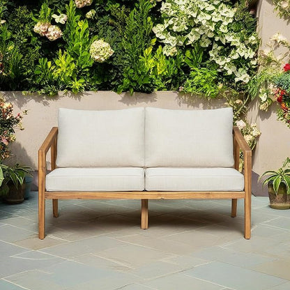Christopher Knight Home Westin Acacia Wood Patio Loveseat Sofa with Cushion, Outdoor 2-Seater Sofa with Removable Cushions, Patio Furniture Sofa for 2, Teak+Beige