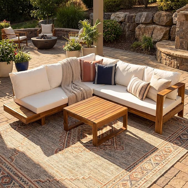 Acacia Wood 4pc Outdoor Sectional Sofa Set with Cushions and Slatted Design - Modern Patio - Photo 1