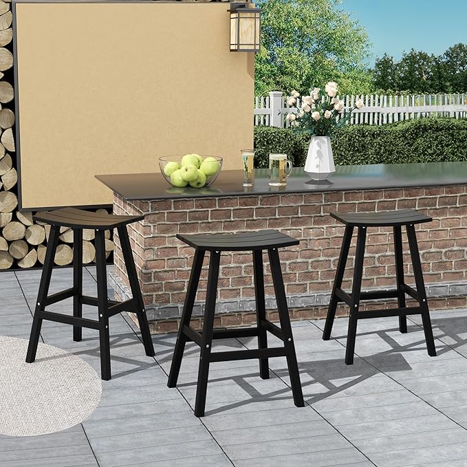 Costaelm All-Weather Bar Stools Set of 3, 29" Height Outdoor Bar Stools, Adirondack Poly Patio Bar Stool for Patio, Deck, Kitchen Counter and Garden, Black
