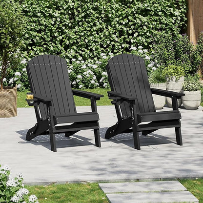 HDPE Foldable Adirondack Outdoor Chair Set of 2 with Cup Holder, Weather Resistant Heavy-Duty Patio Chair for Patio, Backyard, Deck, Fire Pit, Lawn and Porch, Black