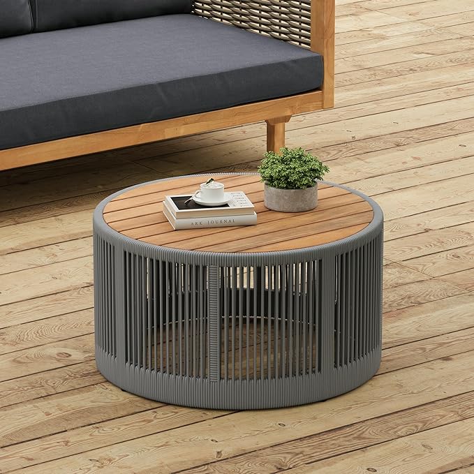 LUMISOL Rattan Rope & Acacia Wood Coffee Table for Outdoor, Patio Center Table with Wood Top - Photo 1