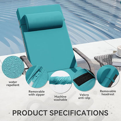 3 Pieces Patio Chaise Lounge Set Outdoor PE Rattan Armrest Lounge Chair Adjustable Backrest Reclining Chair with Folding Table and Cushion for Patio Poolside Backyard Porch Beach(Blue)