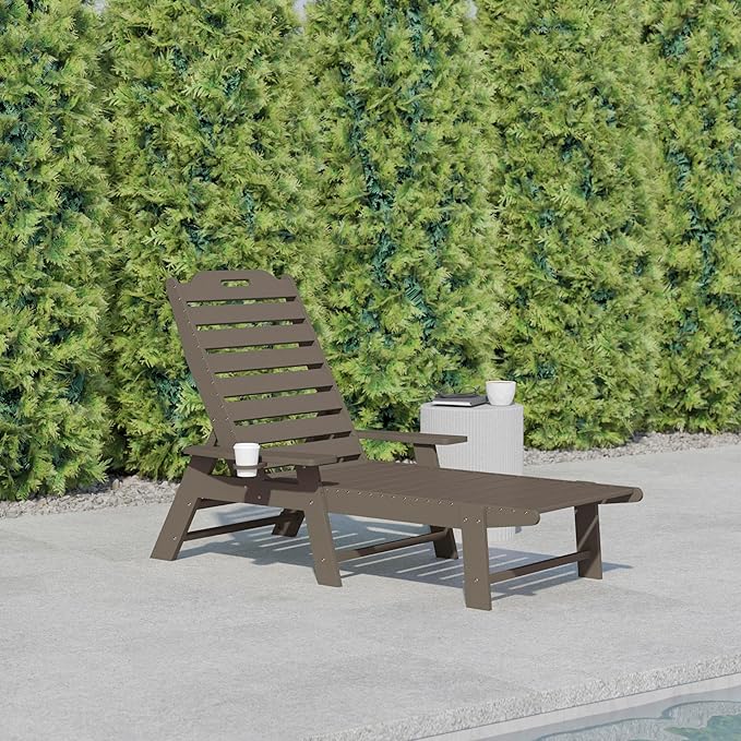 Flash Furniture Monterey Adjustable Adirondack Lounger with Cup Holder- All-Weather Indoor/Outdoor HDPE Lounge Chair, Brown