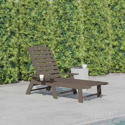 Flash Furniture Monterey Adjustable Adirondack Lounger with Cup Holder- All-Weather Indoor/Outdoor HDPE Lounge Chair, Brown