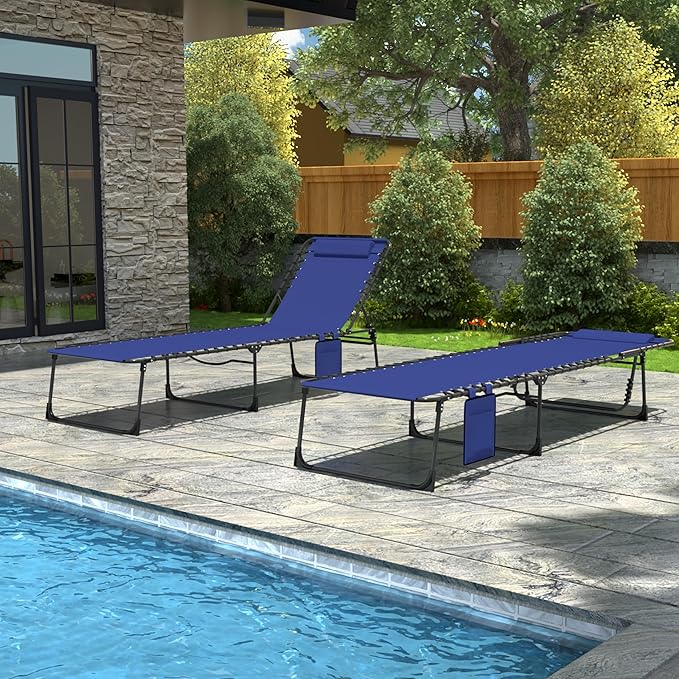 Outdoor Foldable Lounge Chair, Chaise Lounge Outdoor with Detachable Pillow & Pocket, Portable Tanning Chair with 5 Position Adjustable Back, Patio, Beach and Pool, Blue