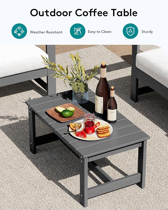 SERWALL 2 Pieces Single Cushioned Sofa Chair, Grey HDPE Outdoor Adirondack Lounge Armchair with Khaki Cushion - Photo 6