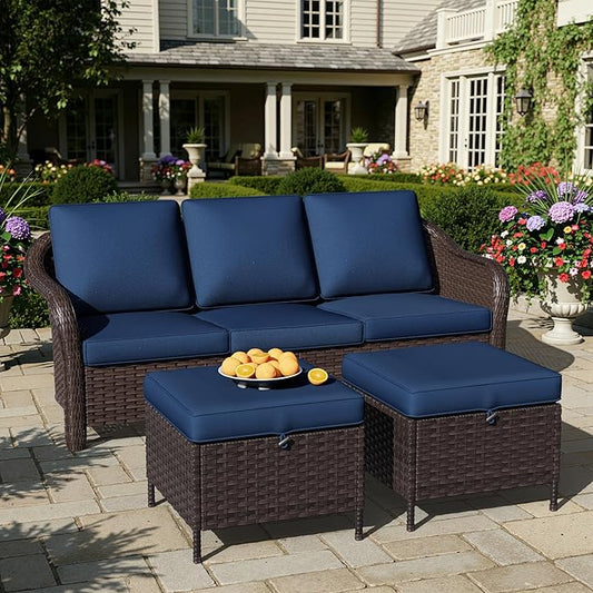 3 Piece Patio Wicker Conversation Set, All-Weather Use Outdoor Wicker Sofa with 2 PE Rattan Ottomans, Ideal for Porch, Backyard, Balcony, Poolside, Blue
