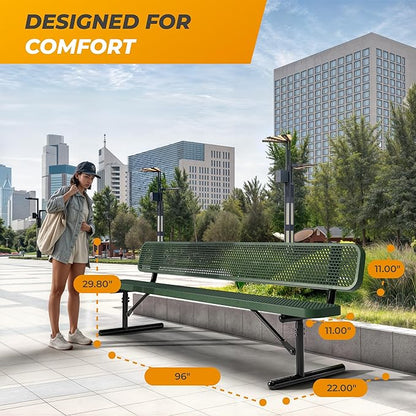 Heavy-Duty Outdoor Metal Bench, Thermoplastic-Coated, Portable, Weatherproof, Commercial-Grade for Parks, Gardens, Patios, Stores & More (8 Ft - Portable with Back, Green)