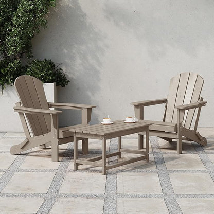 Costaelm Lakeview 3-Piece Adirondack Chairs with Cup Holders and Coffee Table Set, Weathered Wood